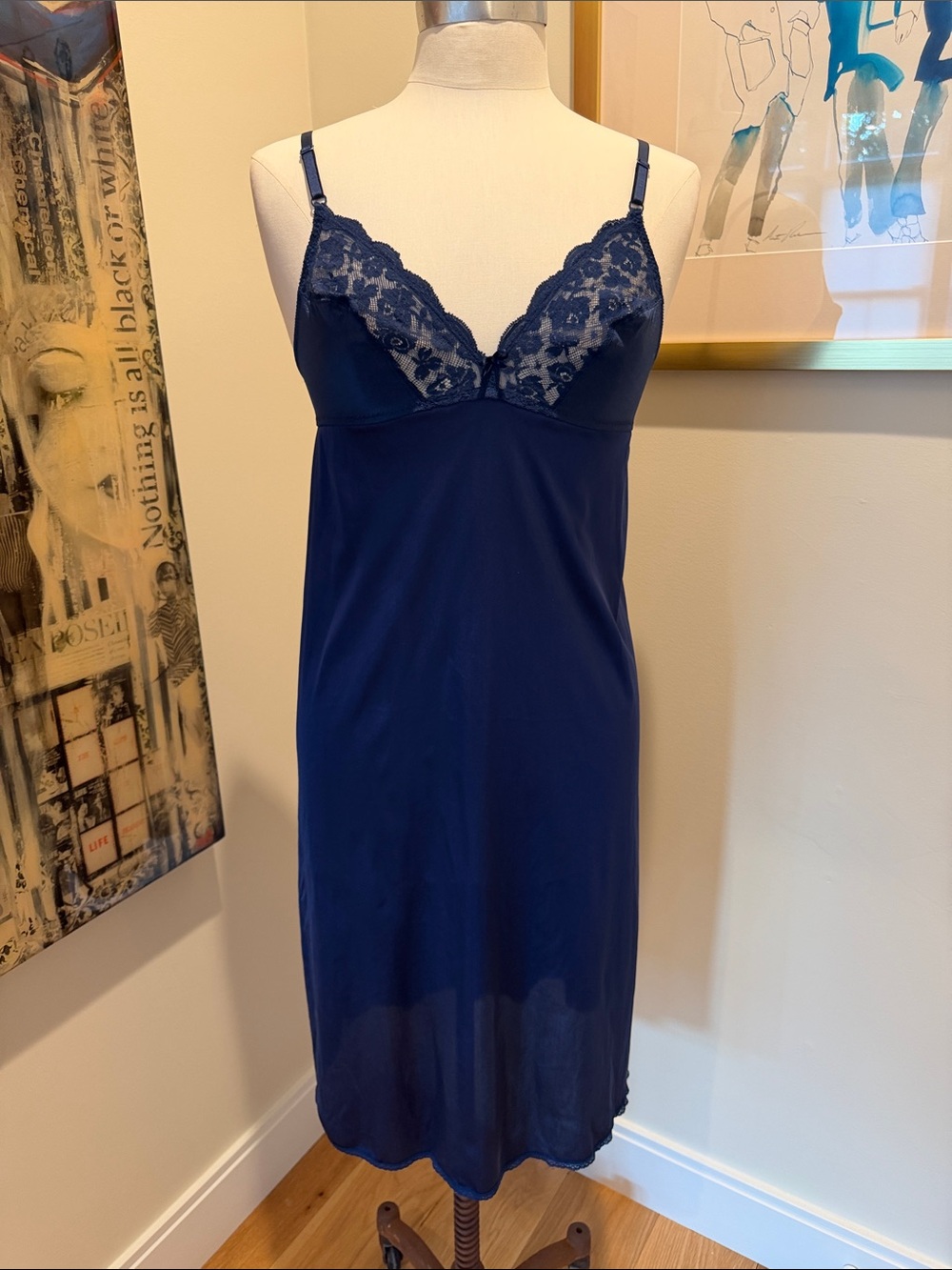 Vanity Fair Vintage Navy Lace-Trim Chemise - made in the USA